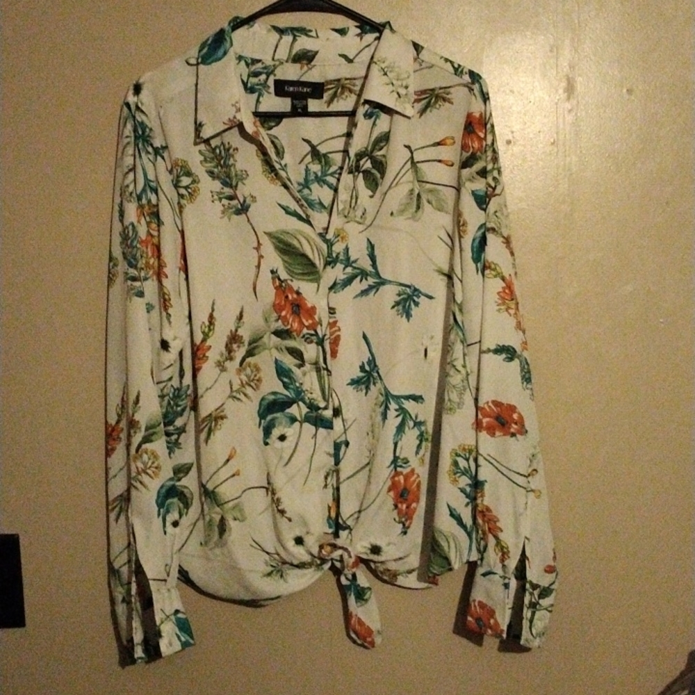 Karen Kane XL blouse floral tie waist white long sleeves